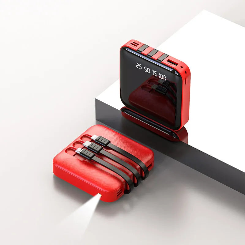 Mirror three-wire power bank with 20000mAh capacity measuring 80x80x23mm in black or red colour