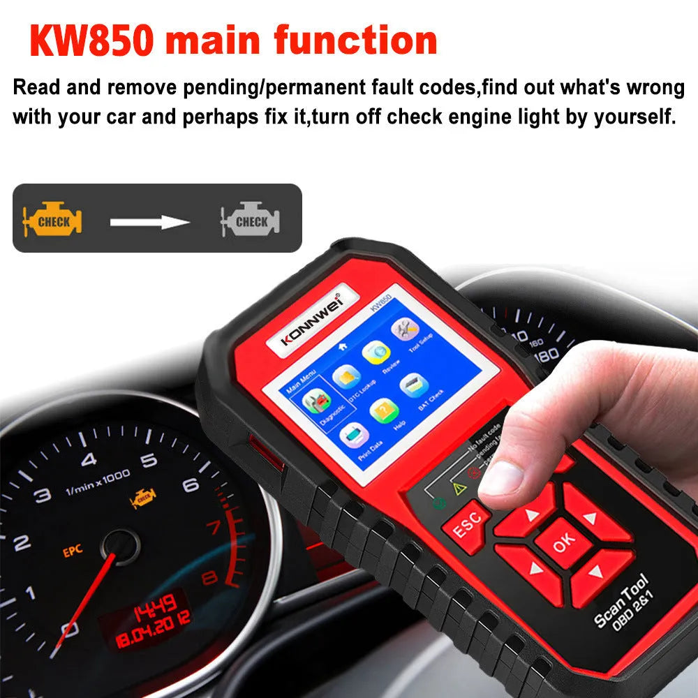KW850 OBD2 CAN BUS code reader with TFT colour display and One-Click I/M Readiness key