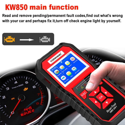 KW850 OBD2 CAN BUS code reader with TFT colour display and One-Click I/M Readiness key