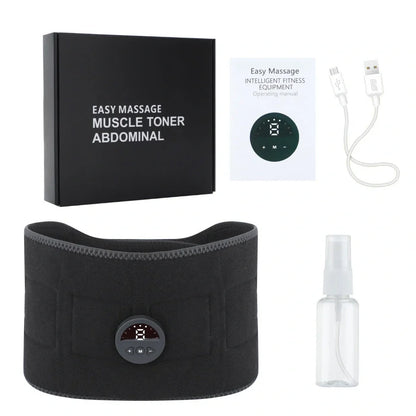 Black EMS pulse health care belt with control unit showing mode and intensity buttons, measuring 110cm with tapered width