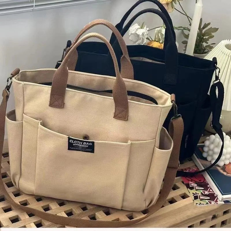 Large Capacity Shoulder Canvas Bag in khaki, black, and beige with three-dimensional pocket