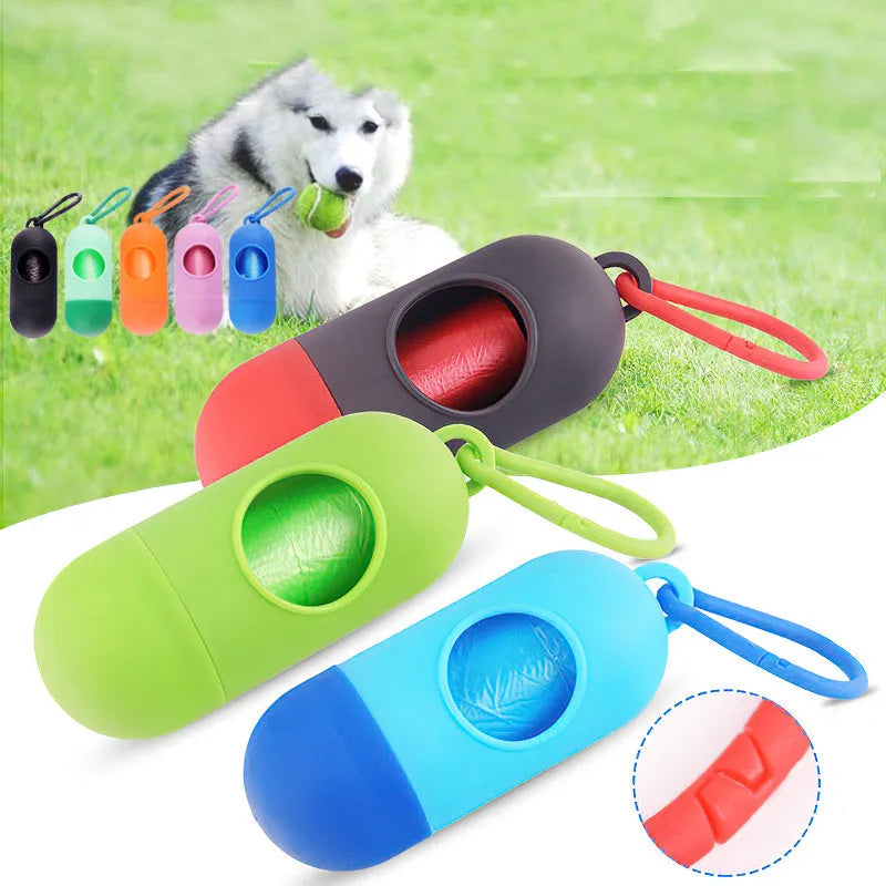 Dog poop bags holder with hook in various colours, showing Velcro fastening and compact 10cm size