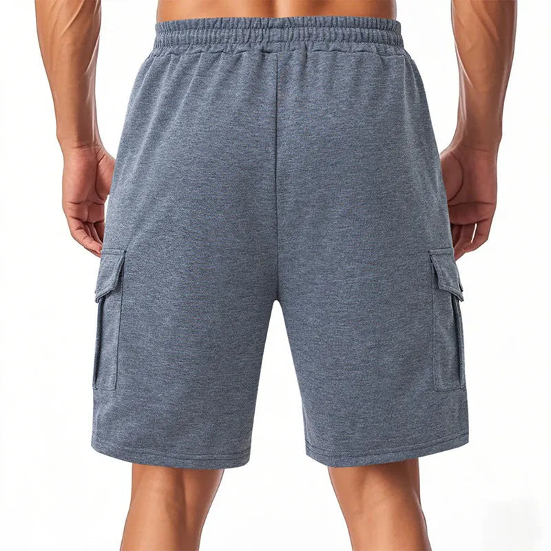 A pair of light grey heavy loose casual sports cargo shorts with multiple pockets on a mannequin.