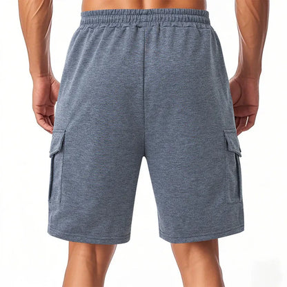 A pair of light grey heavy loose casual sports cargo shorts with multiple pockets on a mannequin.