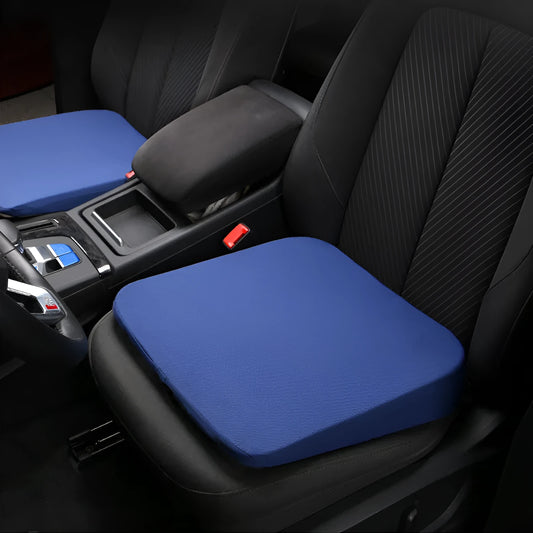 Black thick foam car seat cushion for height adjustment, shown on a car seat.