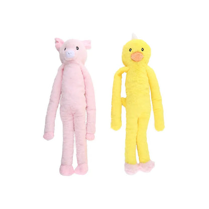 Large pink and yellow plush dog toy with rattle and crinkle paper sounds for golden retrievers