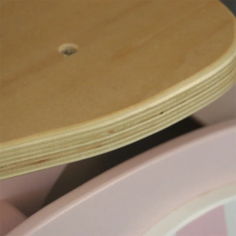 Pink wooden balance scooter for toddlers measuring 10 inches, designed for children aged 1-6 years