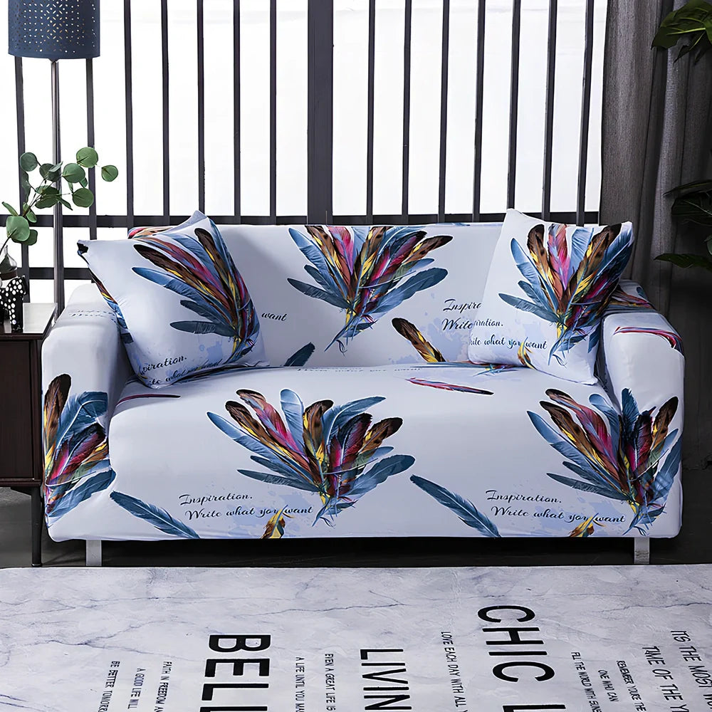 Printed geometric pattern sofa cover on double seat sofa measuring 145-185cm with spill protection