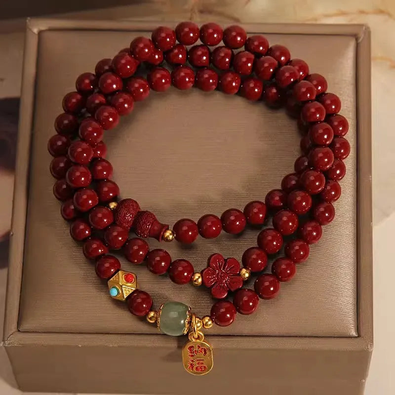 Women's Chinese style cinnabar bracelet with 6mm multi-circle gourd and five petal flower geometric design
