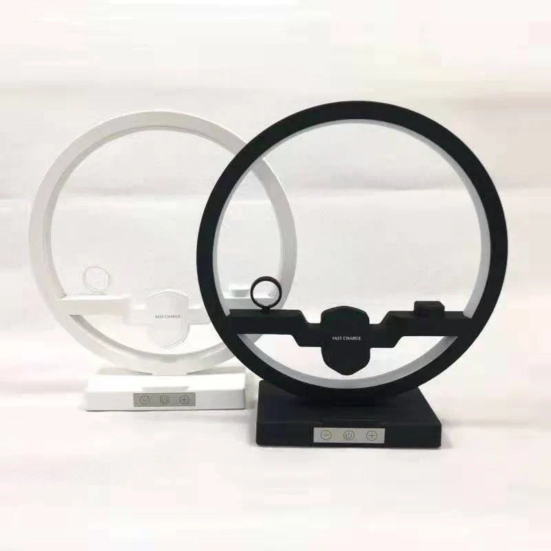 Sleek black bedside lamp with wireless charging pad for iPhone, AirPods, and Apple Watch