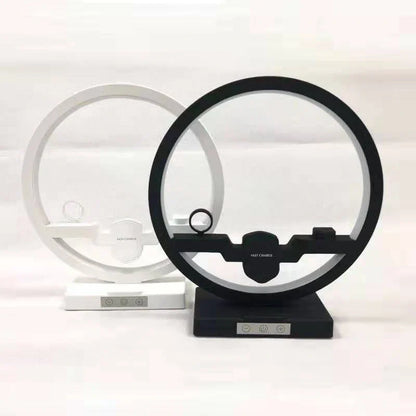 Sleek black bedside lamp with wireless charging pad for iPhone, AirPods, and Apple Watch