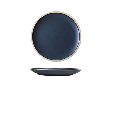 A blue matte-finish 10-inch ceramic dinner plate on a plain surface.
