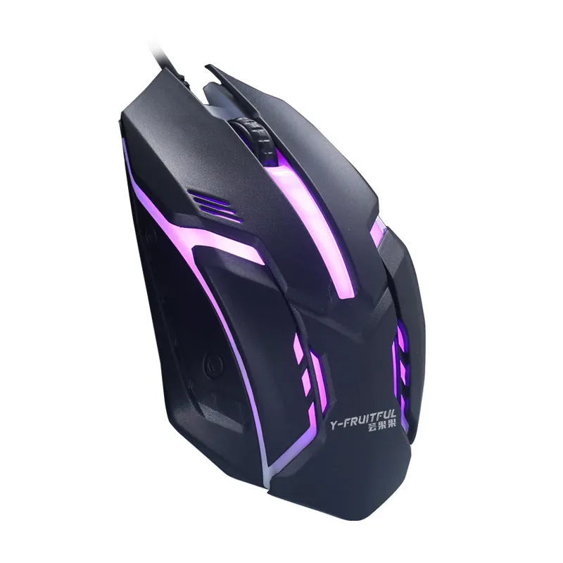 Wired computer mouse with luminous glow in black or white, showing USB cable and three buttons