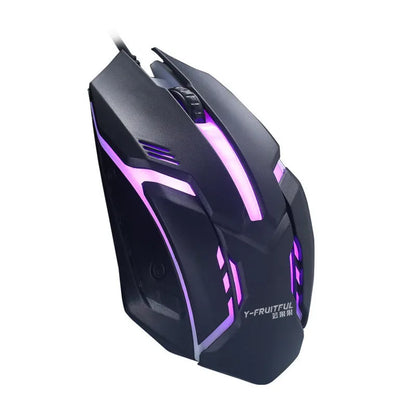 Wired computer mouse with luminous glow in black or white, showing USB cable and three buttons