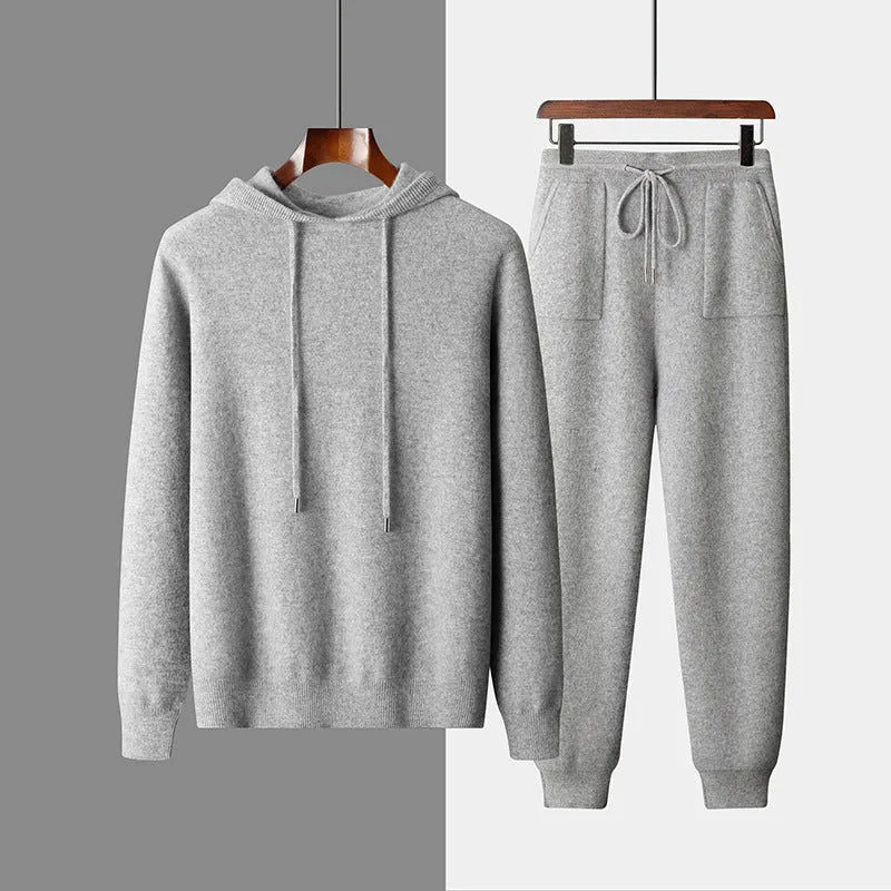 Men's cashmere hooded sweatshirt and trousers set in light grey or dark grey for winter leisure wear