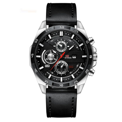 Men's business calendar waterproof quartz watch showing nine colour variants with 10mm thickness