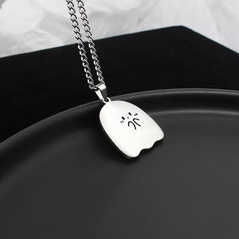 Stainless steel ghost and cat pendant necklace with water wave chain