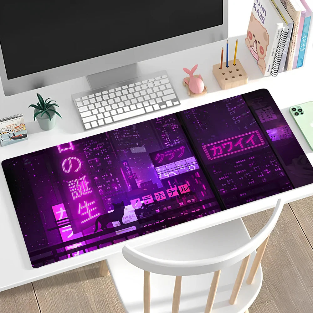 Large non-slip mouse pad with lock edge in Cherry Blossom Tower design, 900x400x4mm natural rubber base for desk stability
