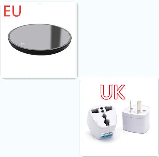 Black coffee mug warmer pad with temperature switch on desk