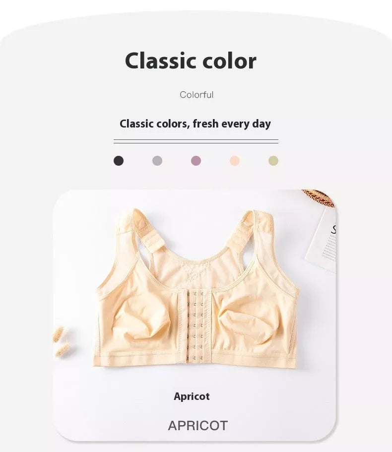 Plus-size front buckle sports bra in white, black, and apricot