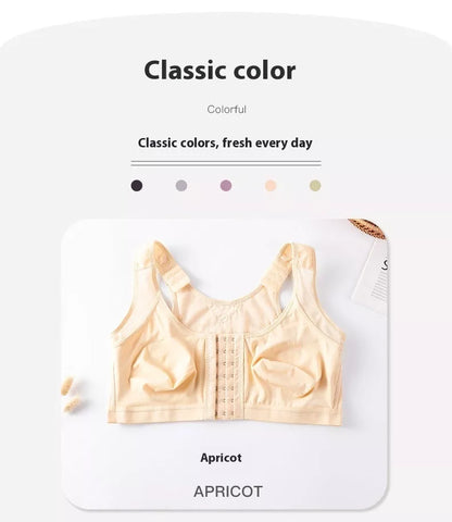 Plus-size front buckle sports bra in white, black, and apricot