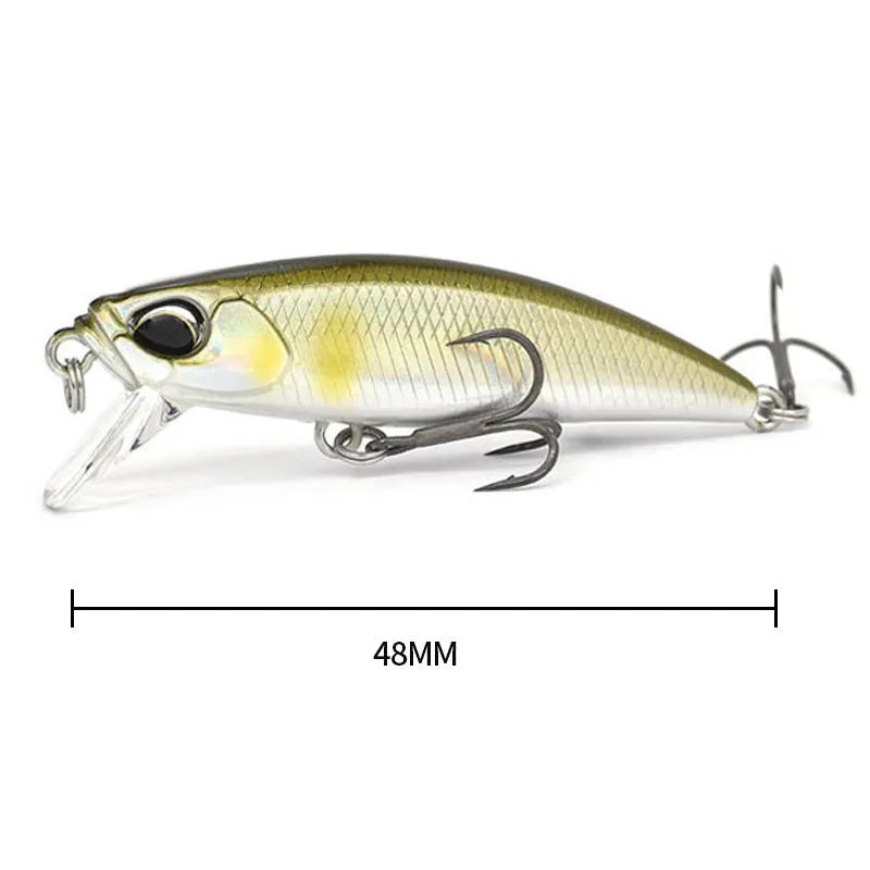 Japanese fishing lure with submerged mino design, 48mm length, 6.5g weight, shown in multiple colour variations