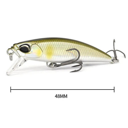 Japanese fishing lure with submerged mino design, 48mm length, 6.5g weight, shown in multiple colour variations