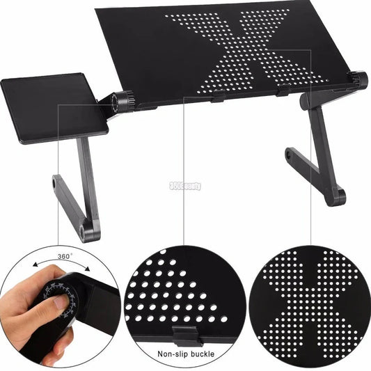 Black aluminium folding computer desk with adjustable legs and non-slip baffles for laptop stability