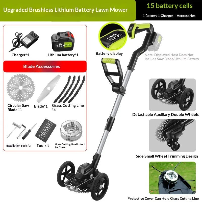 Brushless lithium electric lawn mower with steel, aluminium tube and plastic build, 500W motor and multi-wheel assistance