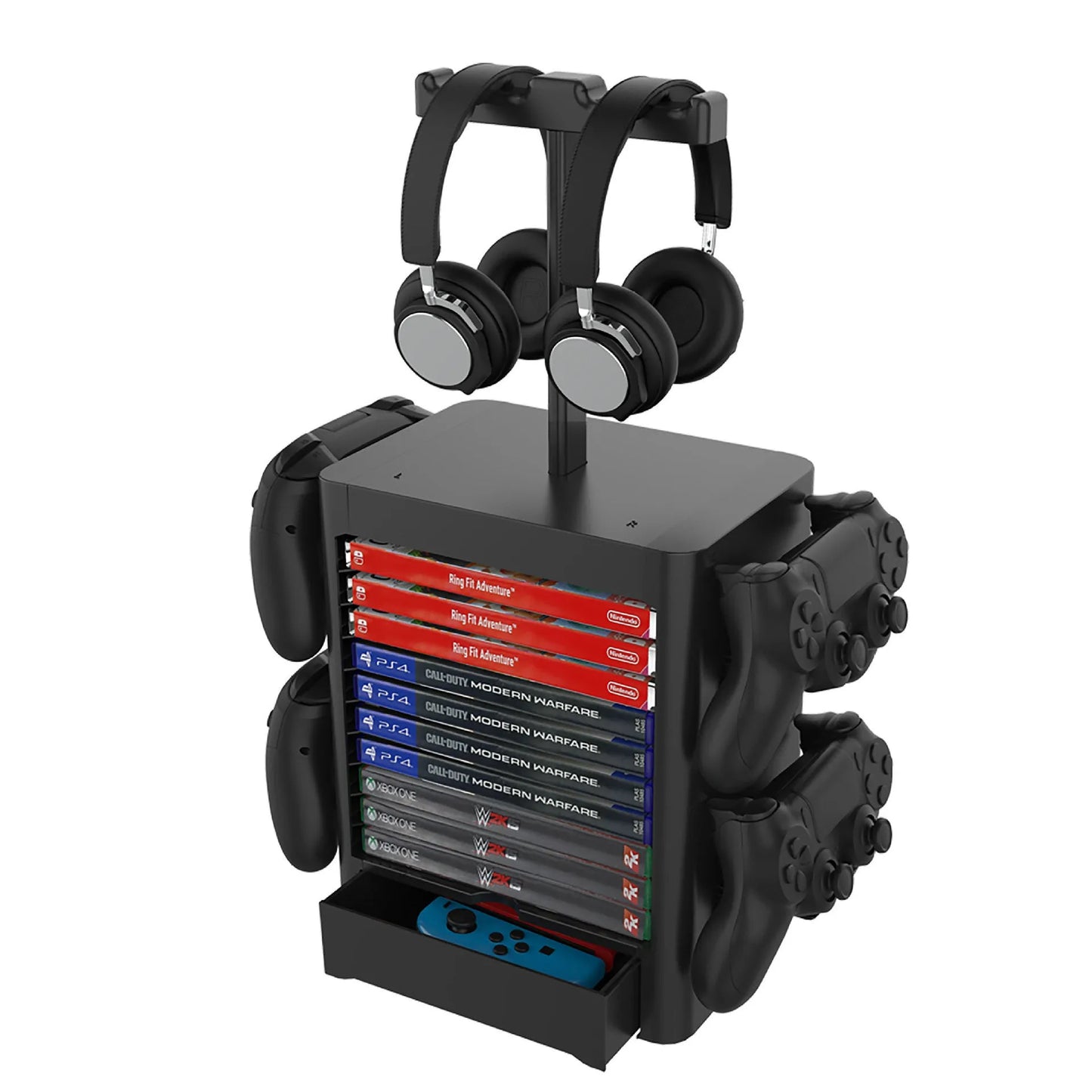 Black ABS gaming storage rack with hanging controllers, a drawer open showing game cases, and headphones on top.