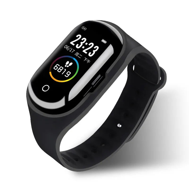 Blue, black, or red silicone smart bracelet with earphones for Android, showing 1-inch screen.