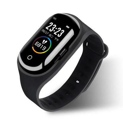 Blue, black, or red silicone smart bracelet with earphones for Android, showing 1-inch screen.