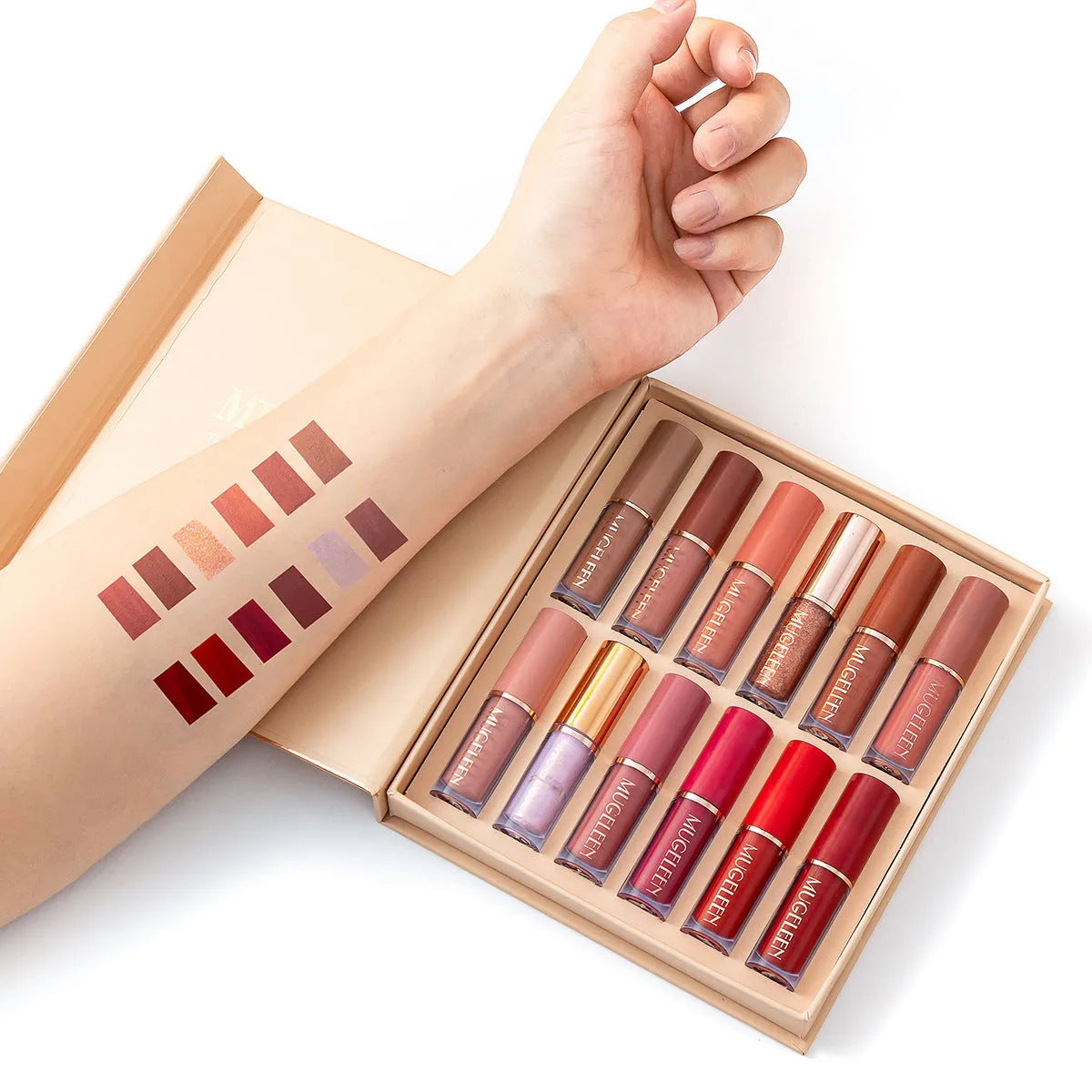 Matte shimmer lip glaze set with 12 transfer-resistant colours in display packaging