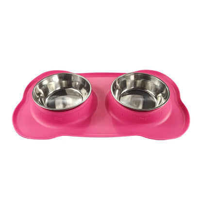Large silver grey silicone dual compartment dog bowl with stainless steel base for separating food types