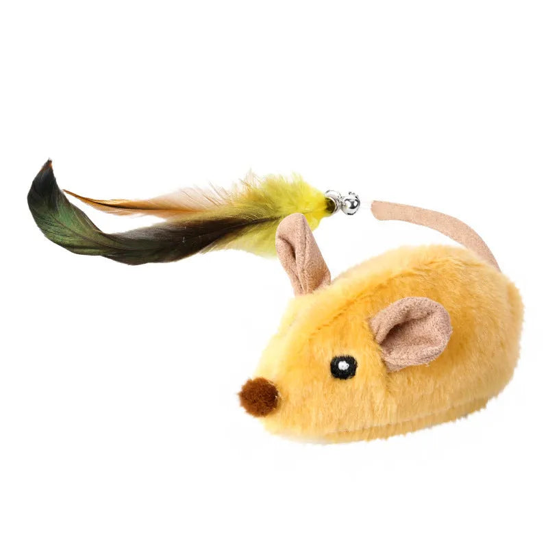 Intelligent charging simulation electric mouse cat teaser toy in gray or yellow with feather tail attachments