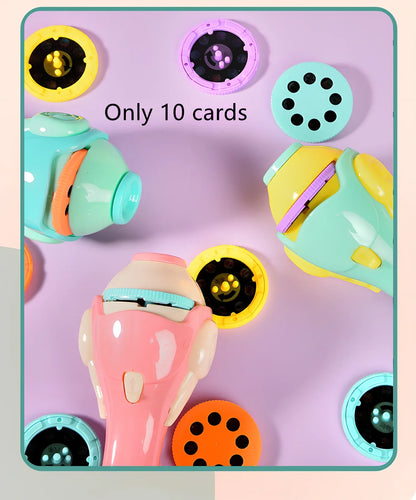 Red plastic cartoon projection flashlight showing rotating lens for 80 pattern changes