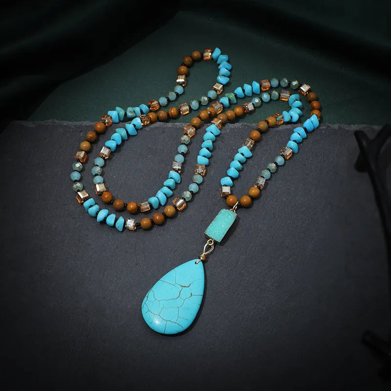Blue turquoise heart-shaped pendant on ball bead chain with water drop geometry and adjustable 81cm length
