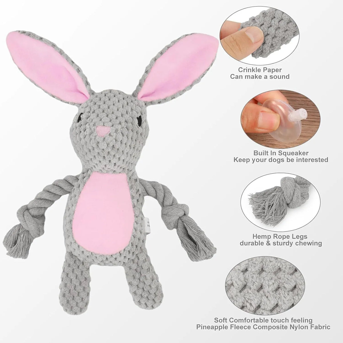 Interactive dog plush toy with squeaker, crinkle paper, and cotton rope in animal designs