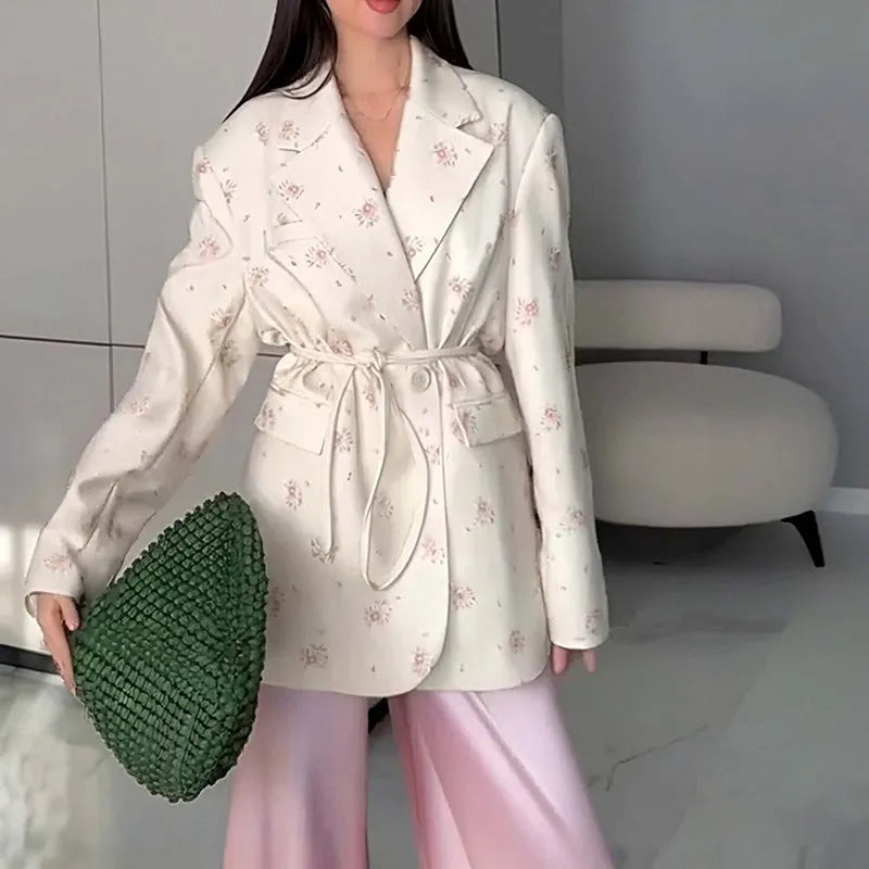 Collar lace-up waist-tight suit jacket in floral print with adjustable waist design and long sleeves