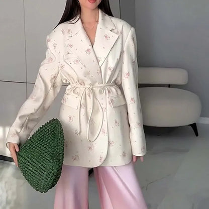 Collar lace-up waist-tight suit jacket in floral print with adjustable waist design and long sleeves