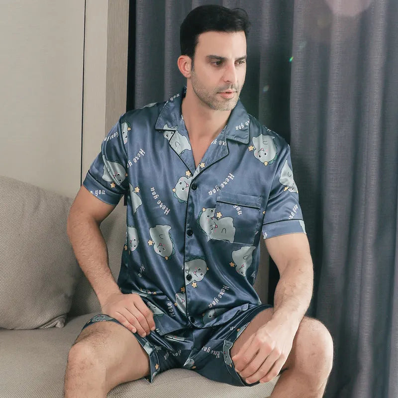 Men's ice silk short sleeve pyjamas set with cardigan style in picture colours