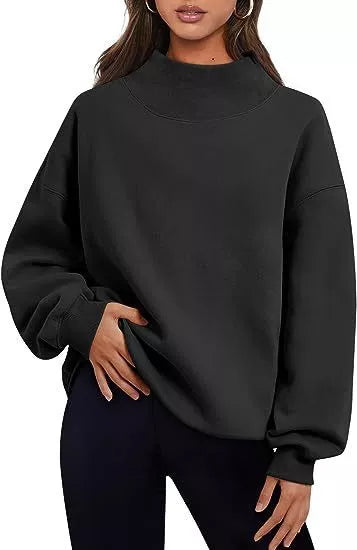 Women's solid color pullover sweatshirt with round neck and loose fit