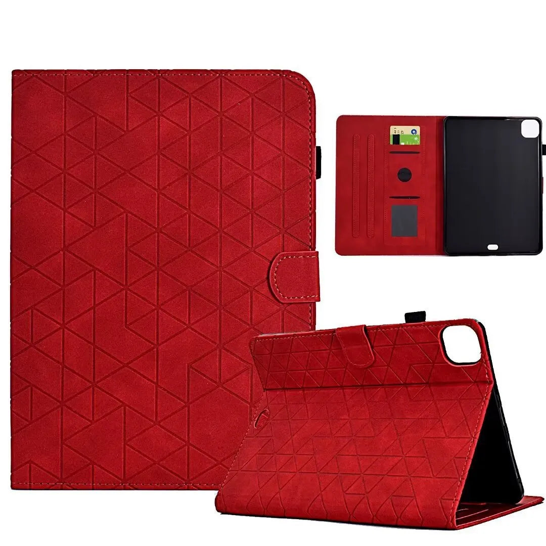 Diamond frosted leather iPad Pro 11 case with built-in card holder slots shown open.