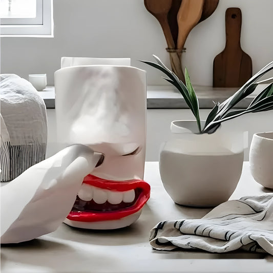 Colourful resin tissue box cover shaped like a comic character, dimensions 8.5cm wide by 14.6cm tall.
