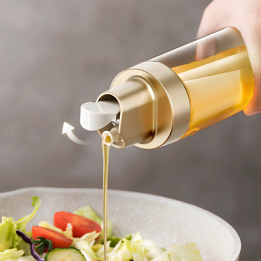 Transparent glass oil kettle with automatic gravity sensor mechanism in kitchen setting