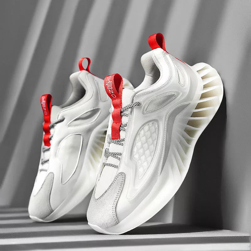 Large size blade men's running shoes with hollow out design in white, black, and blue orange