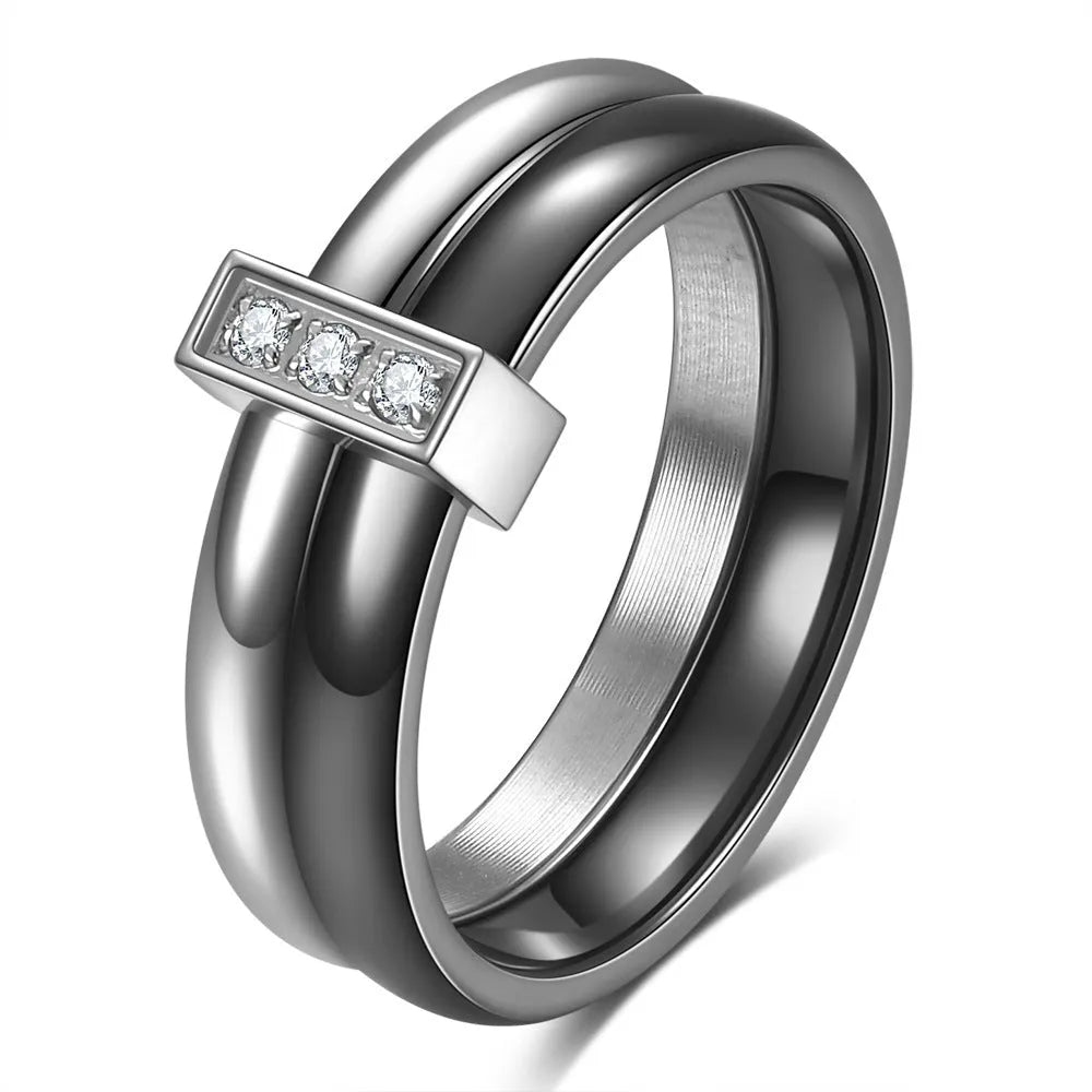 Glossy stitching inlaid zirconium ceramic 6mm ring in geometric design with electroplated finish