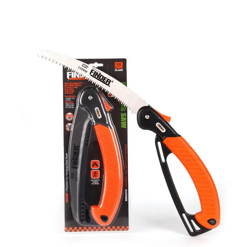 230mm folding garden saw with TPR grip, shown open and closed, for pruning branches up to 10cm thick