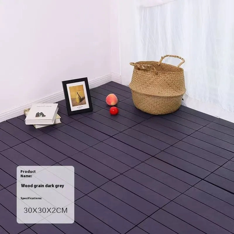 Plastic floor tiles with wood grain pattern showing 300x300mm dimensions and 23mm thickness profile