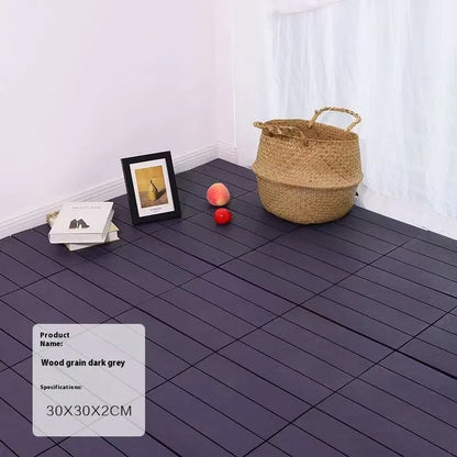 Plastic floor tiles with wood grain pattern showing 300x300mm dimensions and 23mm thickness profile